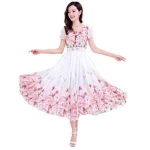 NWOT Floral Pink and White Midi Dress - Elegant Summer Fit